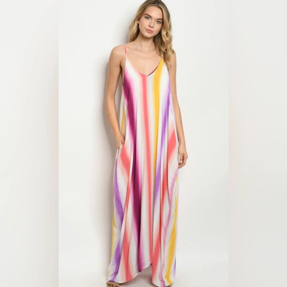 Rainbow color striped maxi dress with pockets - Picture 2 of 6